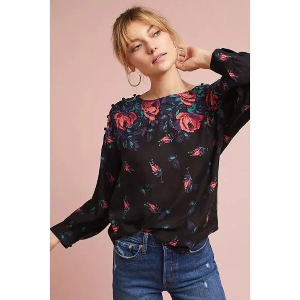 Anthropologie Top Womens Extra Small Maeve Gardenia Boat Neck Floral Balloon